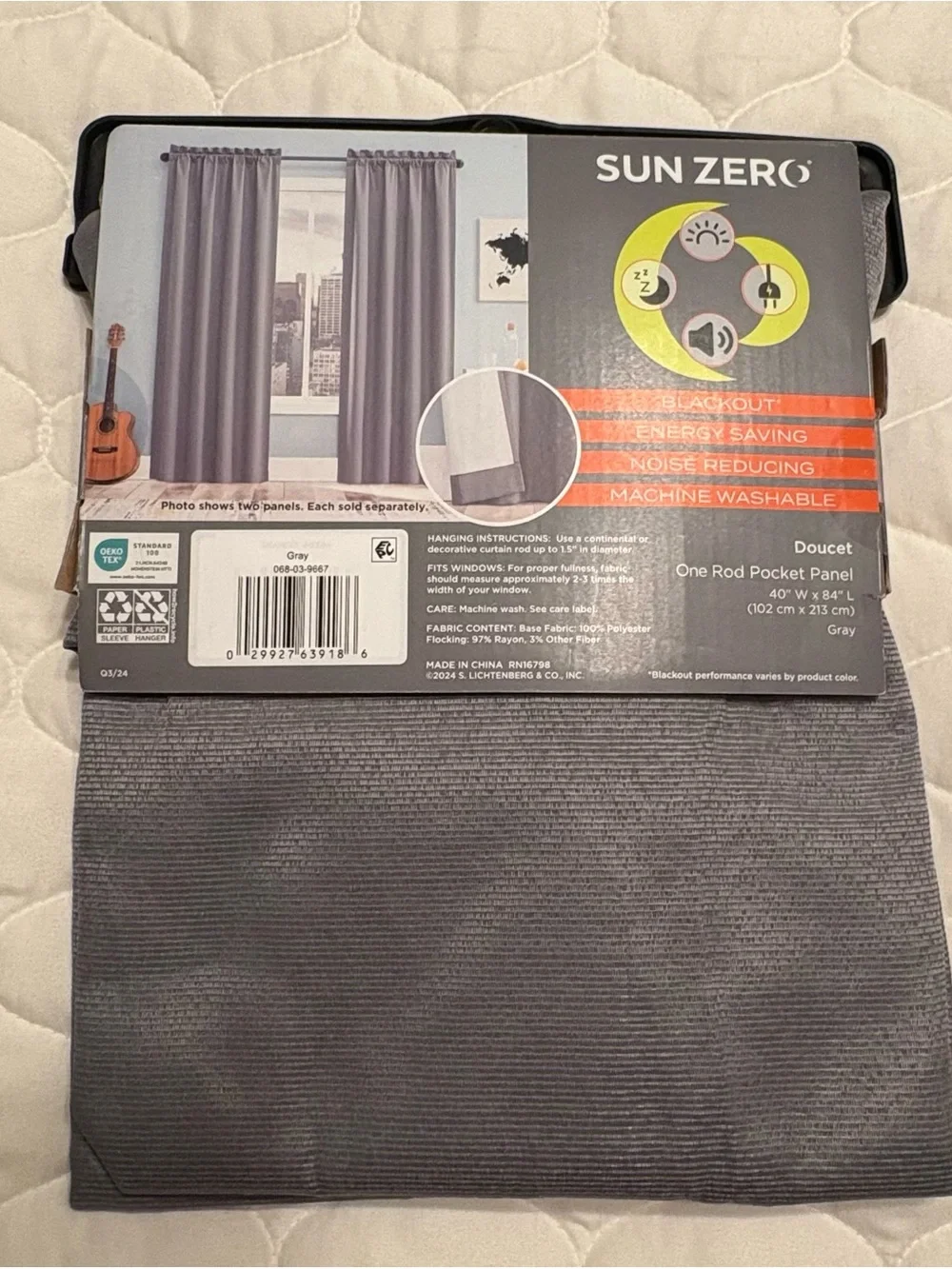SunZero Blackout Window Panel Curtain Gray 40” W x 84” L